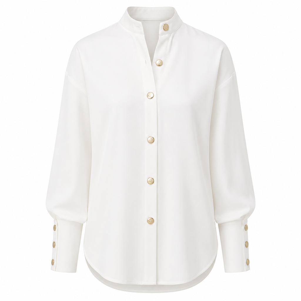 White high-neck long-sleeve button-front blouse with wide cuffs and gold buttons