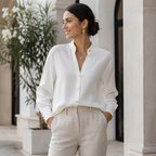 Women's white high-neck button-front long-sleeve blouse with wide cuffs