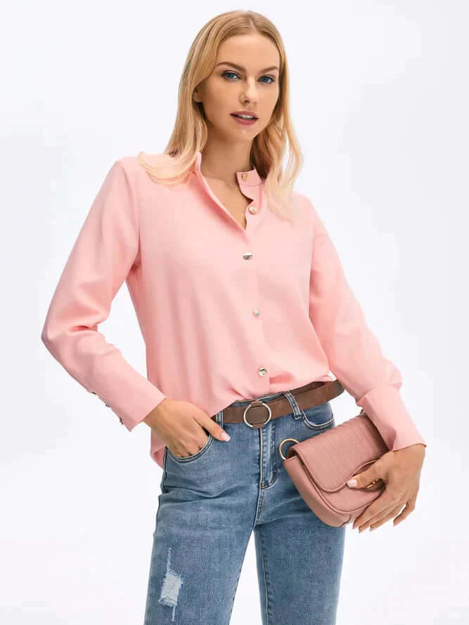 Danore pink high-cuff long-sleeve blouse with button front and rounded neckline