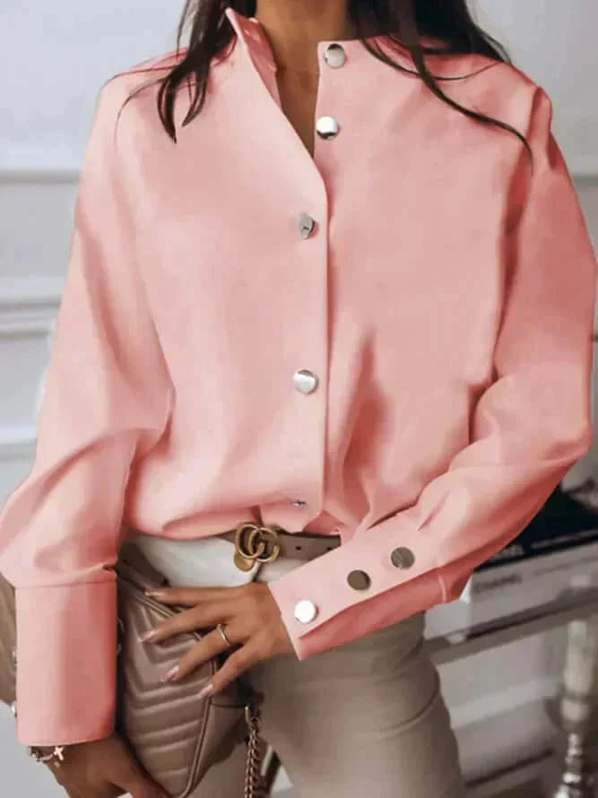 Danore pink high-cuff blouse close-up, front buttons and cuff button tabs