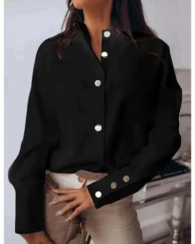 Danore black high-cuff blouse with center buttons and cuff button detailing