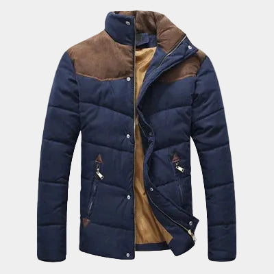 Men's fall jacket in navy with tan/brown panels, zip front and hood