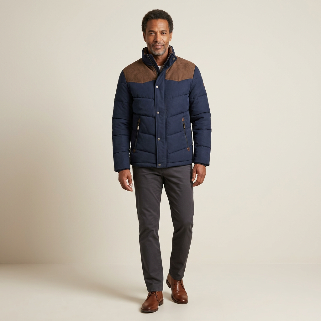 Men's insulated parka jacket in navy blue with brown yoke, button front, stand collar