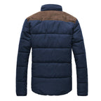 Men's fall jacket, back view, dark navy padded with quilted panels