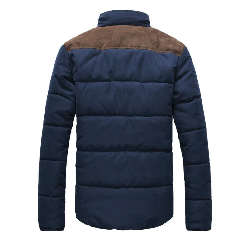 Men's fall jacket, back view, dark navy padded with quilted panels