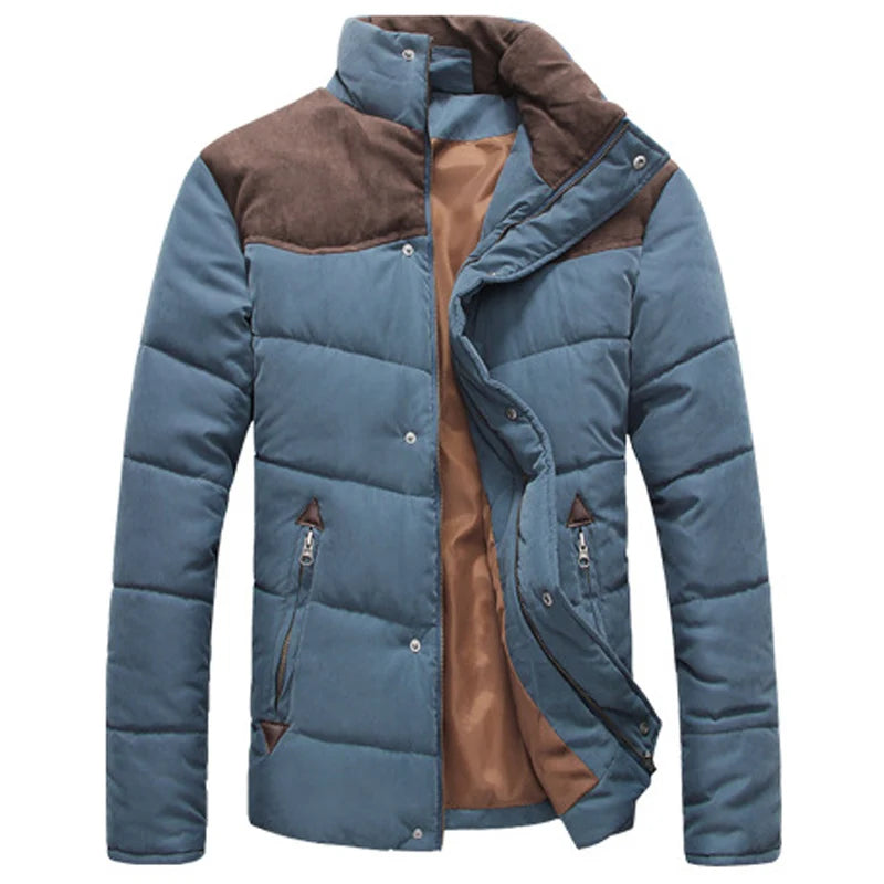 Men's fall jacket in light blue with tan lining and brown collar, zip front