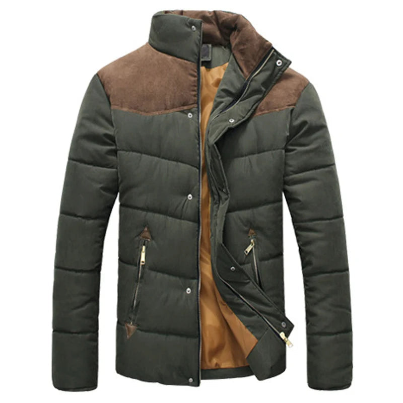 Men's fall jacket in dark green with tan lining and quilted padding, zip front