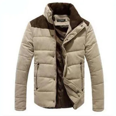 Men's fall jacket in beige with dark brown hood lining, zip front and pockets