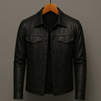 Black leather motorcycle-style jacket with button front and two chest flap pockets.