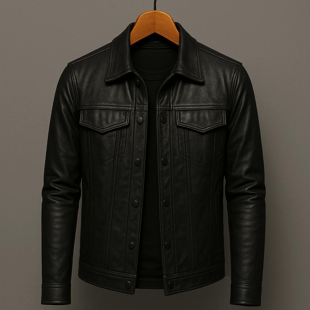Black leather motorcycle-style jacket with button front and two chest flap pockets.