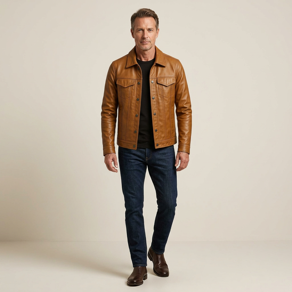 Brown leather motorcycle jacket with snap button front, chest pockets, structured stitching.