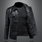 Black leather motorcycle-style jacket with snap-button front and chest flap pockets.