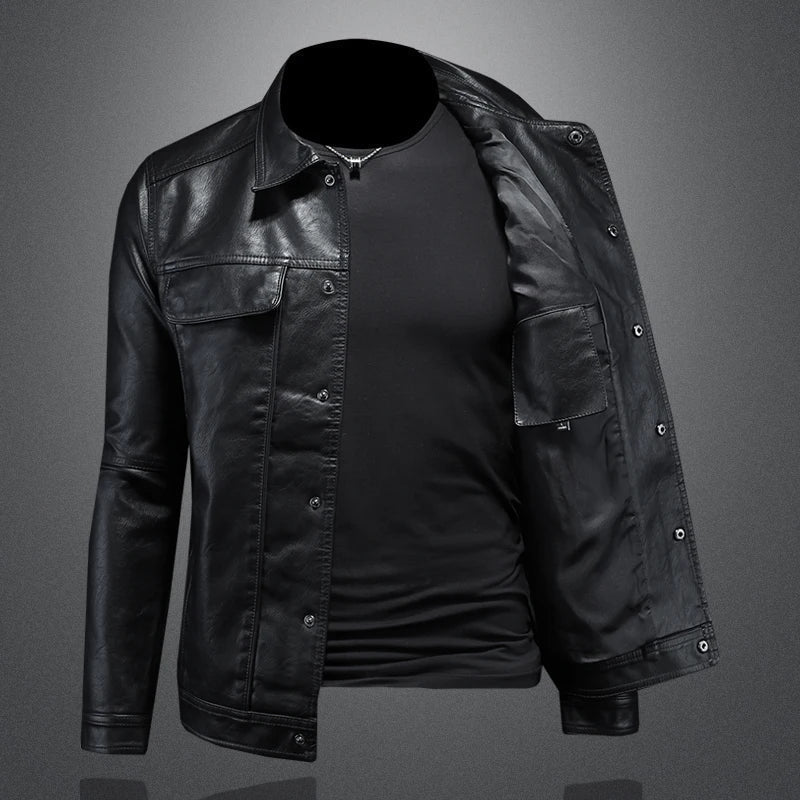 Black leather motorcycle-style jacket with snap-button front and chest flap pockets.
