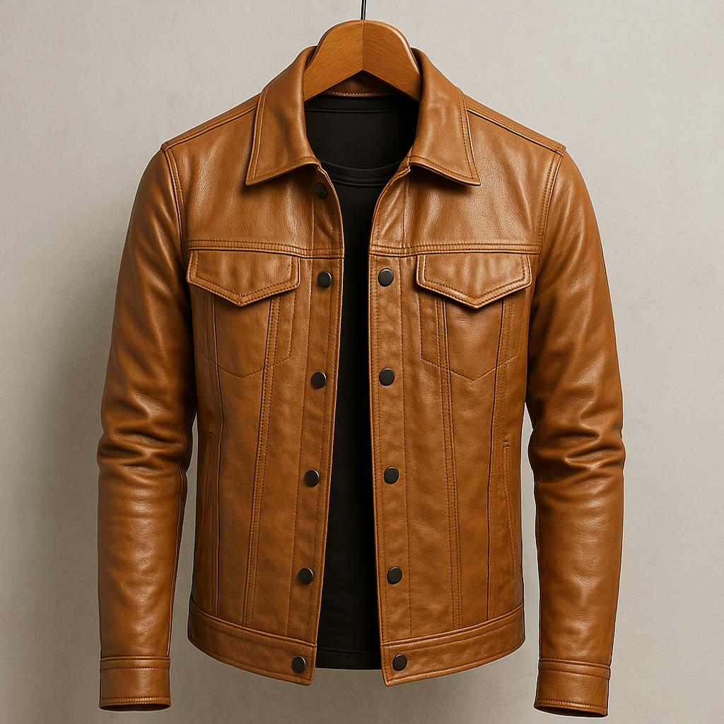 Brown leather motorcycle-style jacket with snap-button front and two chest flap pockets.