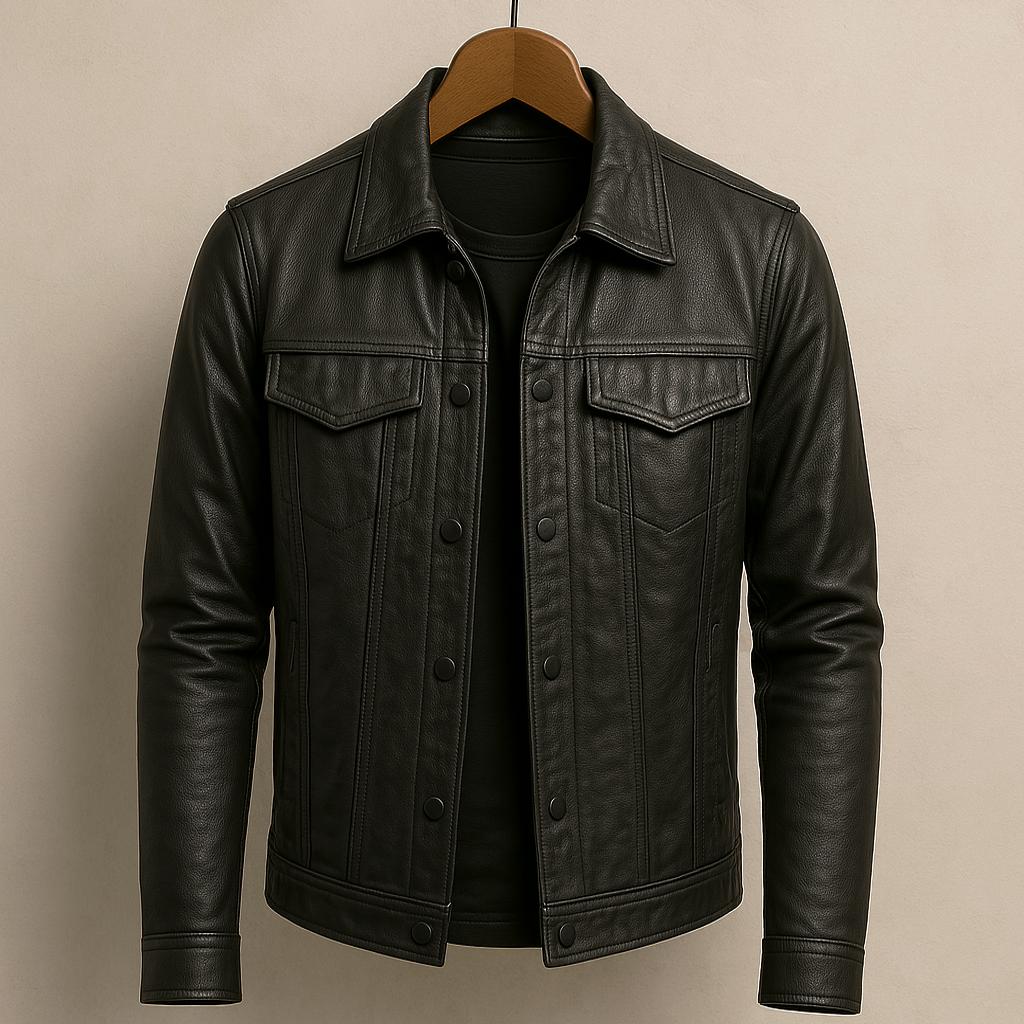 Black leather motorcycle-style jacket front view with button front and chest flap pockets.