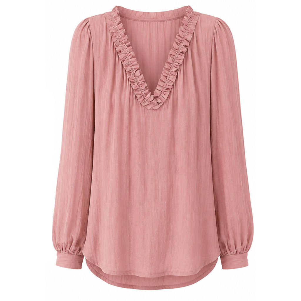 Pink womens ruffled V-neck blouse with long puff sleeves and relaxed fit