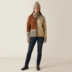 Women’s polka dot knit cardigan with button front, brown and beige knit panels, long sleeves