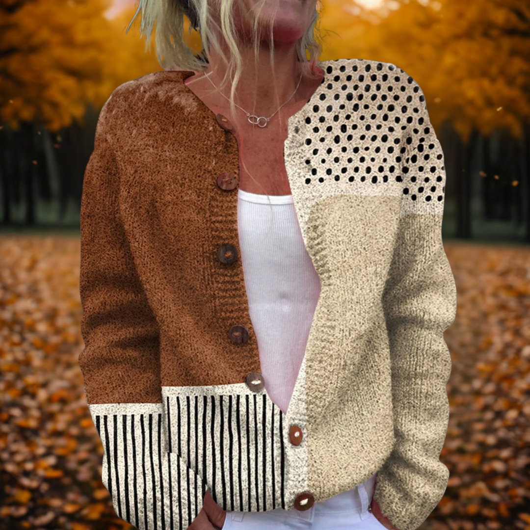 Two-tone polka dot knit cardigan with button front and long sleeves