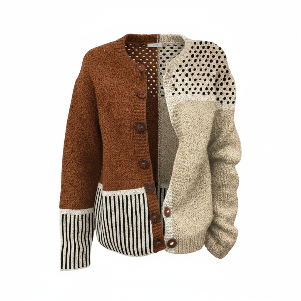 Open-front knit cardigan, polka-dot panel, brown/cream color-block, button placket