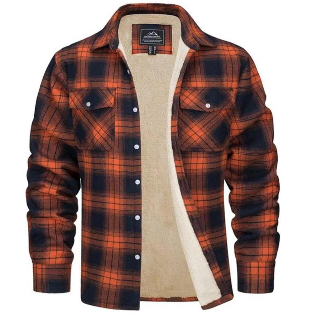Men's sherpa-lined plaid shirt jacket in orange and dark navy, button-front with chest pockets