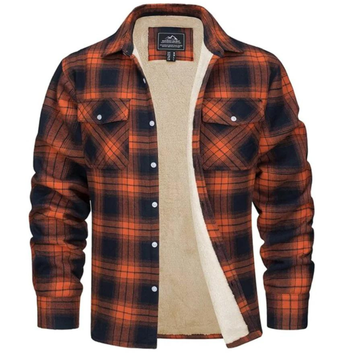 Men's sherpa-lined plaid shirt jacket in orange and dark navy, button-front with chest pockets
