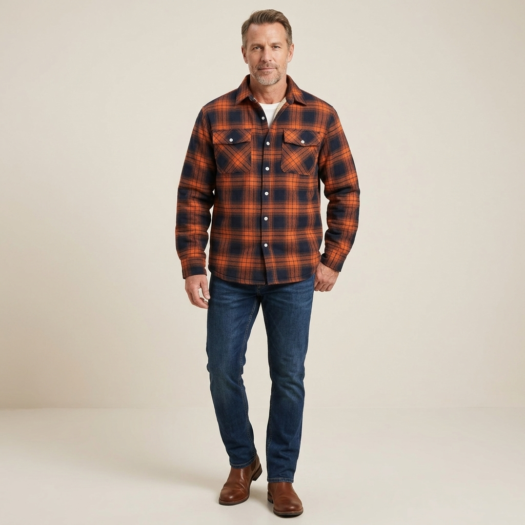 Men's plaid shirt jacket with sherpa lining, button front, chest pockets, orange-brown.
