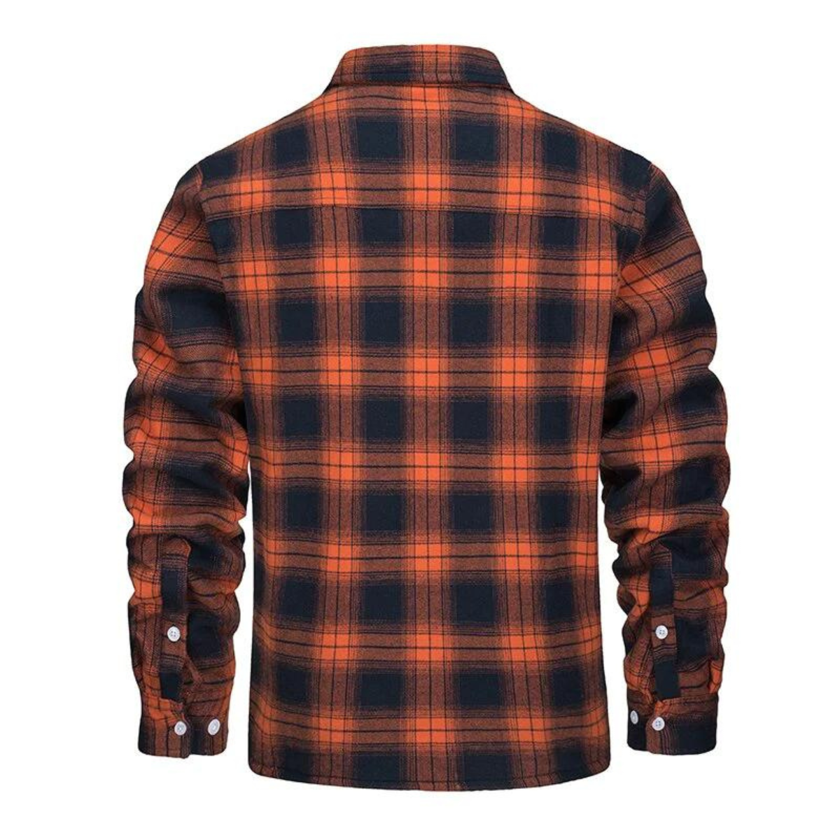 Men's sherpa-lined plaid shirt jacket back view in orange and dark navy, full button closure