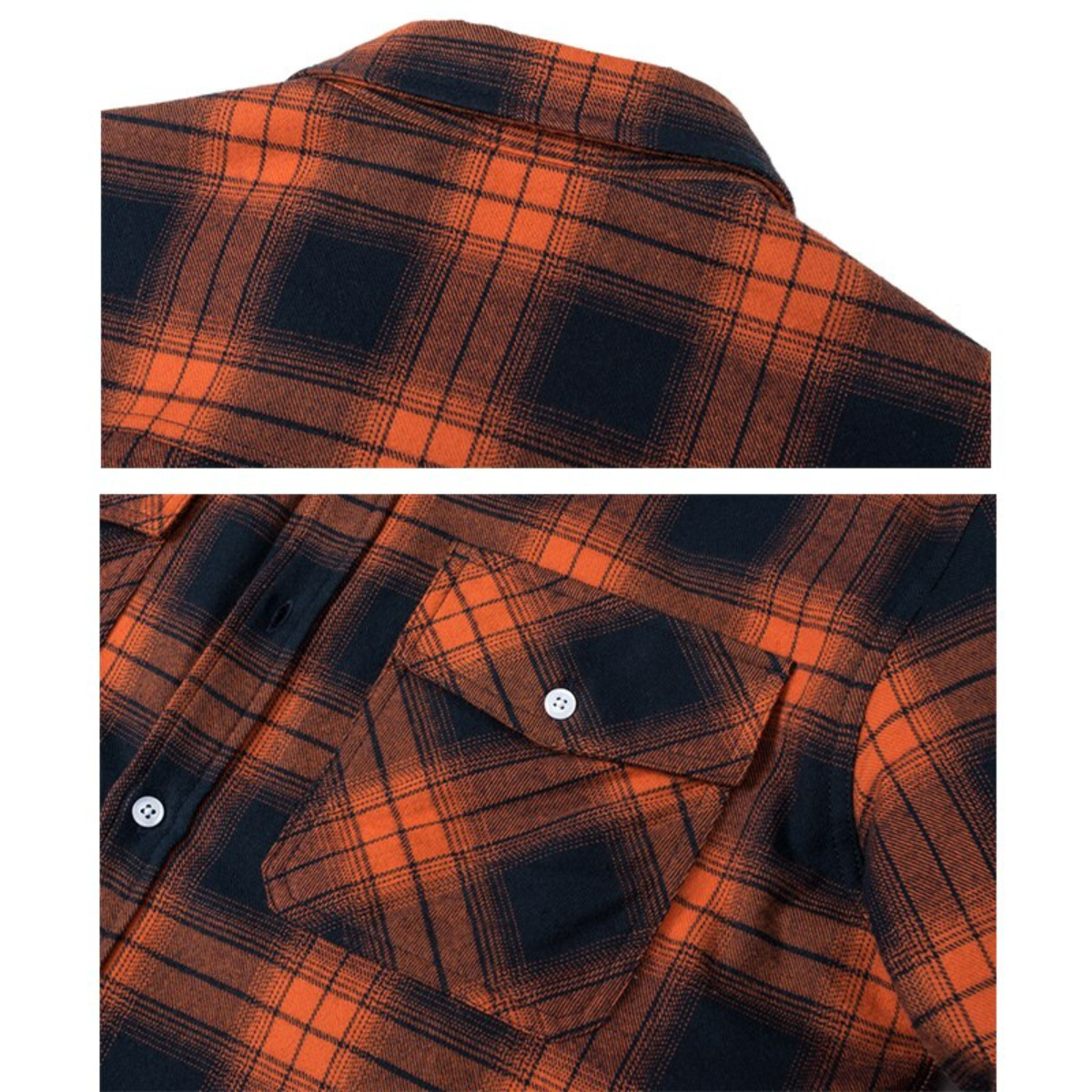 Sherpa-lined plaid shirt jacket fabric detail in orange and dark navy with buttoned flap pockets