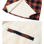 Sherpa-lined plaid shirt jacket showing cream fleece lining and inner pocket trim, orange and navy plaid