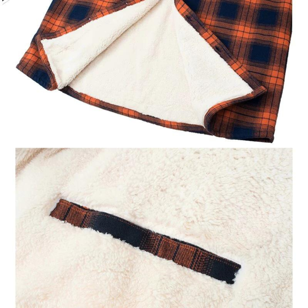 Sherpa-lined plaid shirt jacket showing cream fleece lining and inner pocket trim, orange and navy plaid