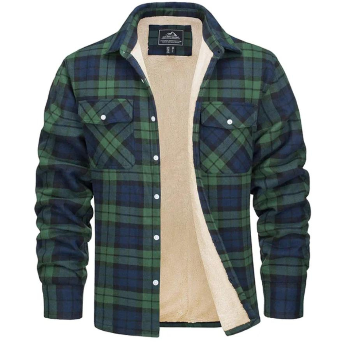Men's sherpa-lined plaid shirt jacket in green and dark navy, button-front with chest pockets