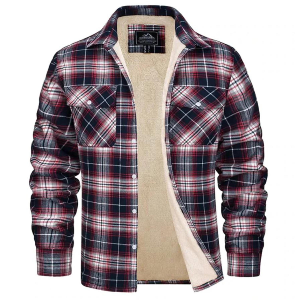 Men's sherpa-lined plaid shirt jacket in red, white, and dark navy, button-front with chest pockets