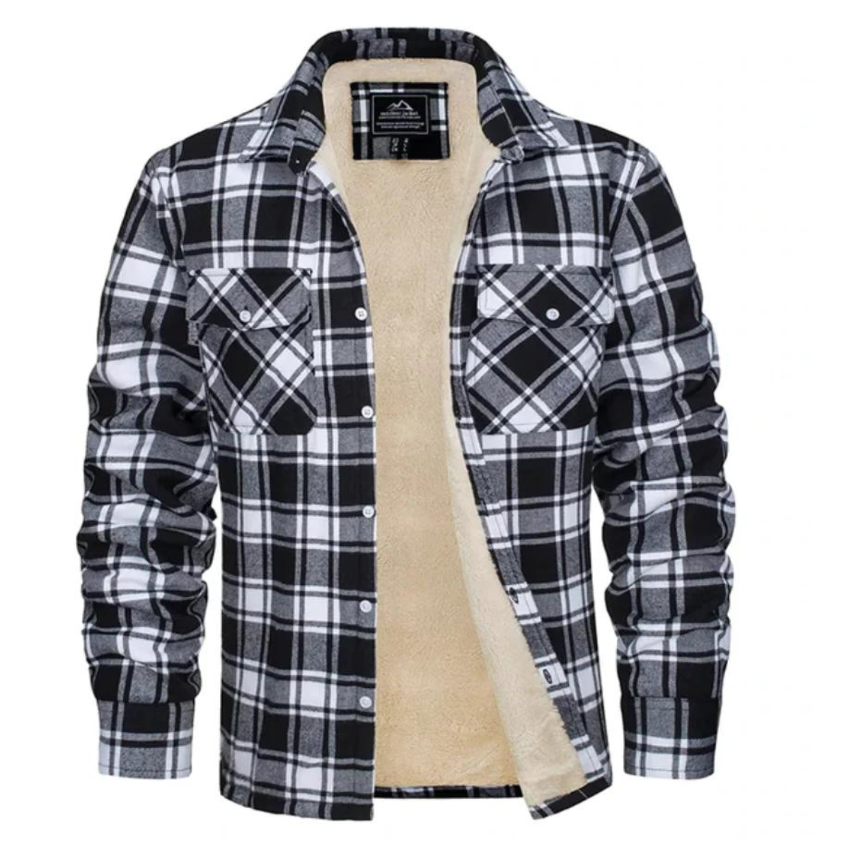 Men's sherpa-lined plaid shirt jacket in black and white, button-front with chest flap pockets