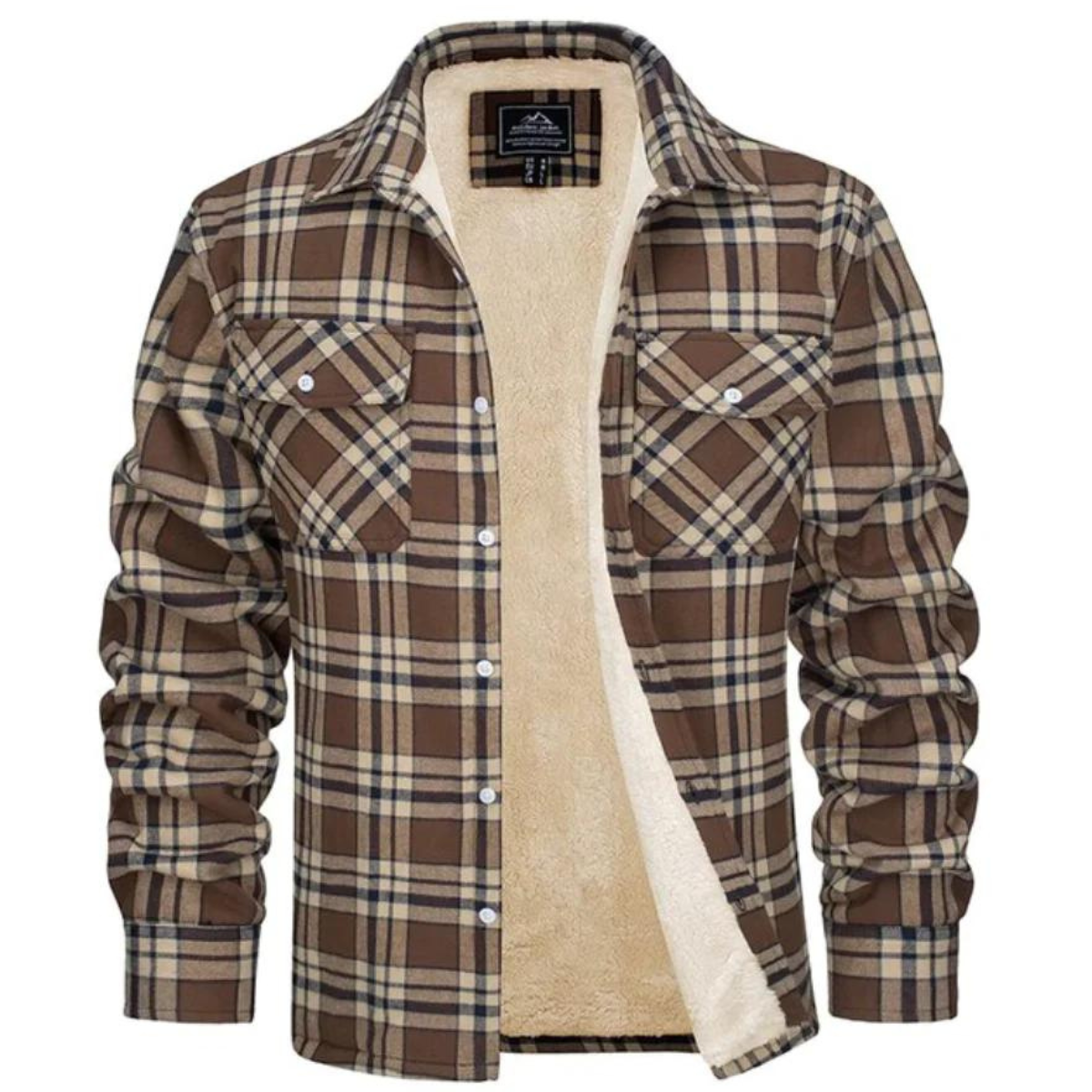Men's sherpa-lined plaid shirt jacket in brown and tan plaid, button-front with chest pockets
