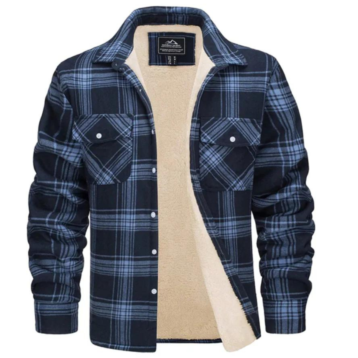 Men's sherpa-lined plaid shirt jacket in navy and blue plaid, button-front with chest flap pockets
