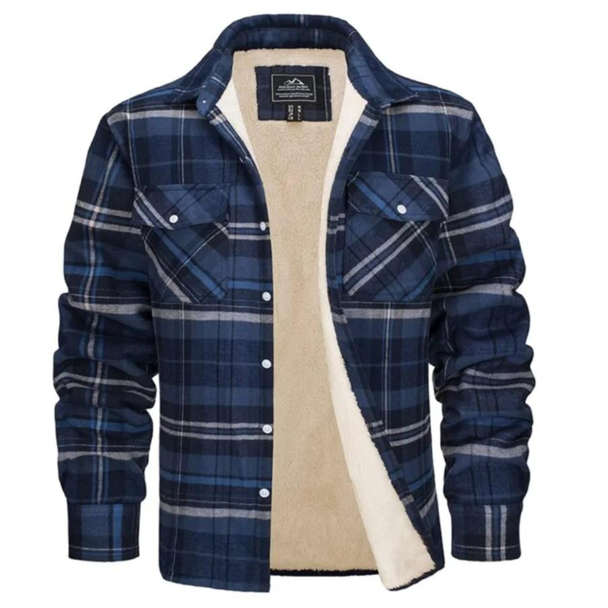 Men's sherpa-lined plaid shirt jacket in dark blue and blue-gray plaid, button-front with chest pockets
