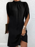 Relaxed batwing sleeve dress, solid black, loose fit with split hem