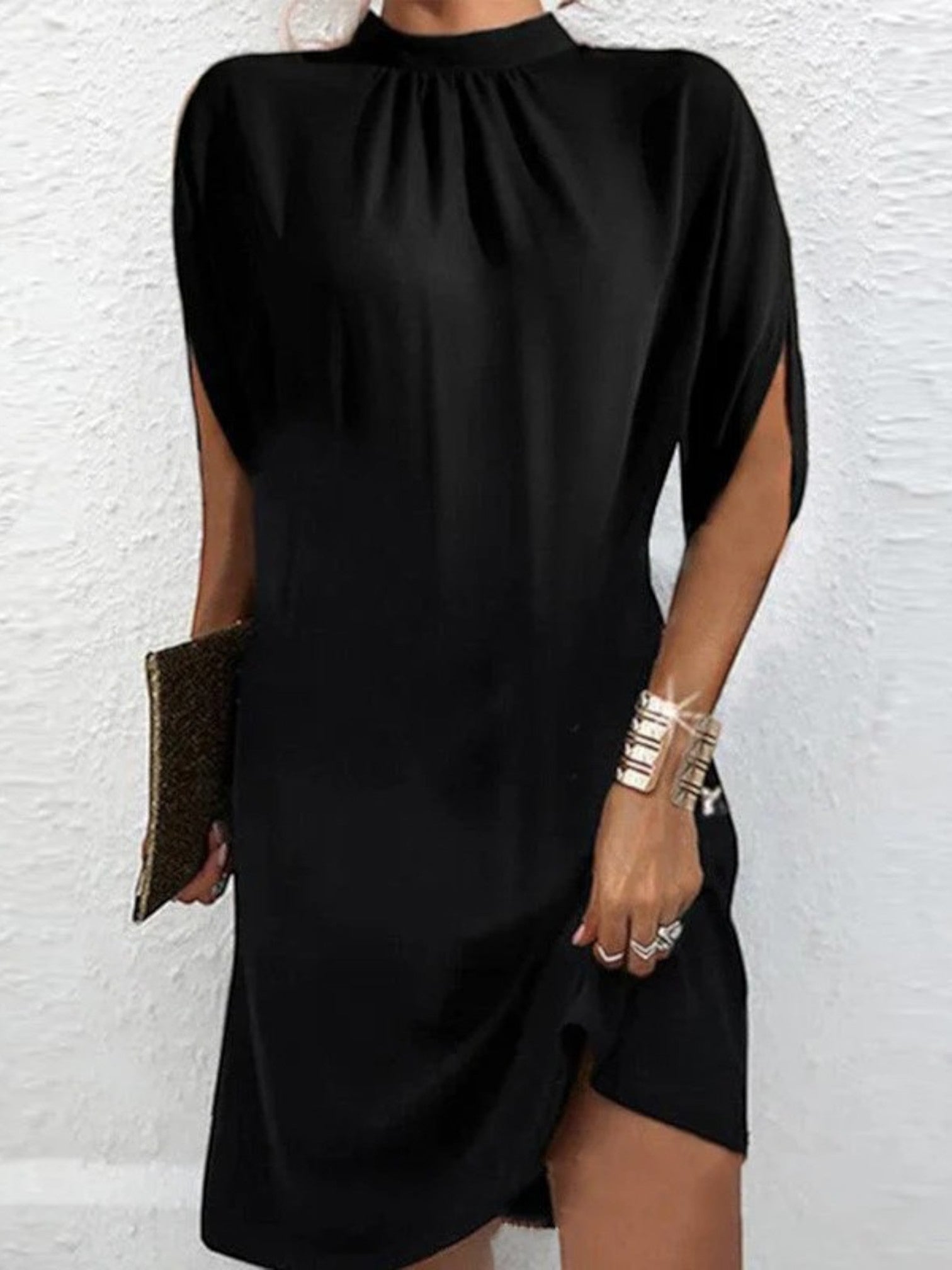 Relaxed batwing sleeve dress, solid black, loose fit with split hem