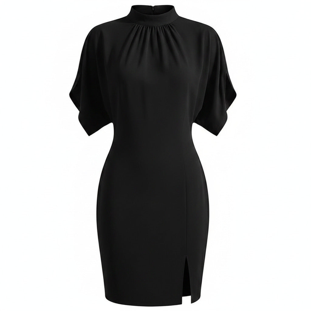 Black batwing sleeve dress with high neck, gathered yoke, and side slit