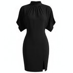 Black batwing sleeve dress with high neck, gathered yoke, and side slit