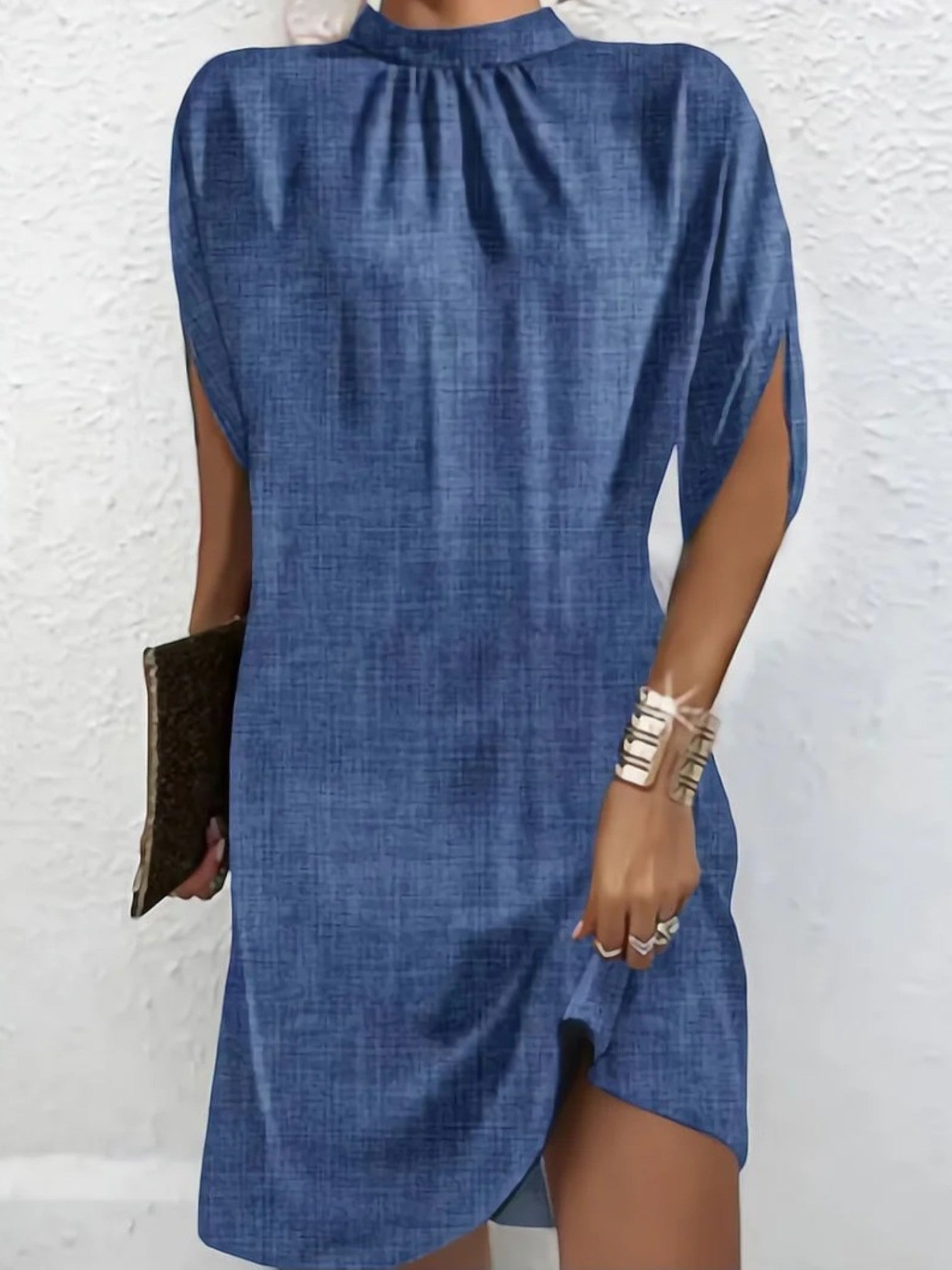 Women’s relaxed fit batwing sleeve dress, blue, high neckline, side slit hem
