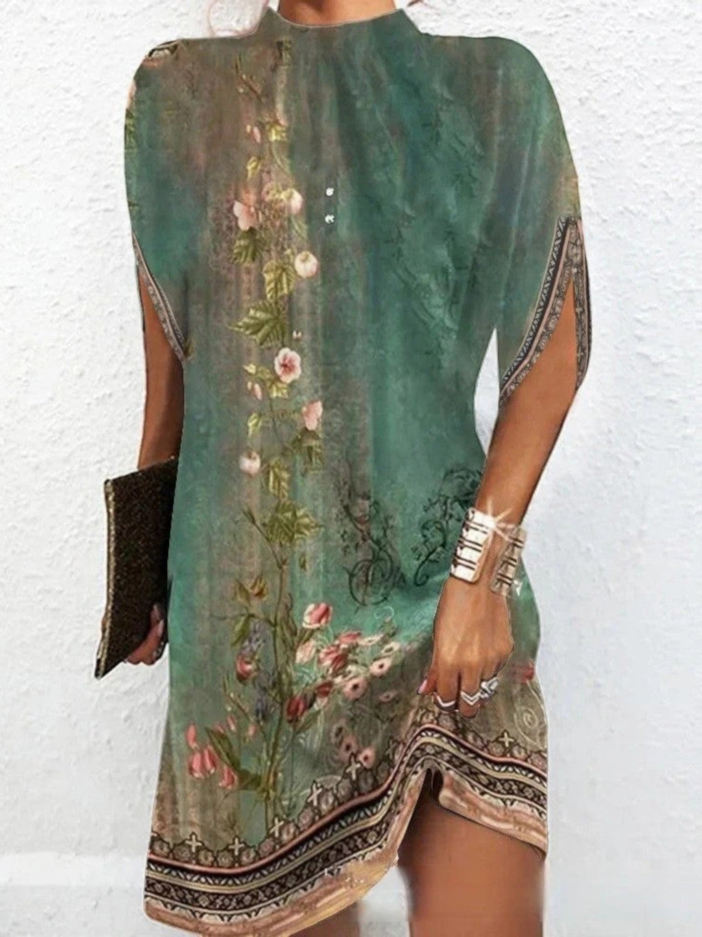 Relaxed batwing sleeve dress, green floral print, loose fit with decorative border
