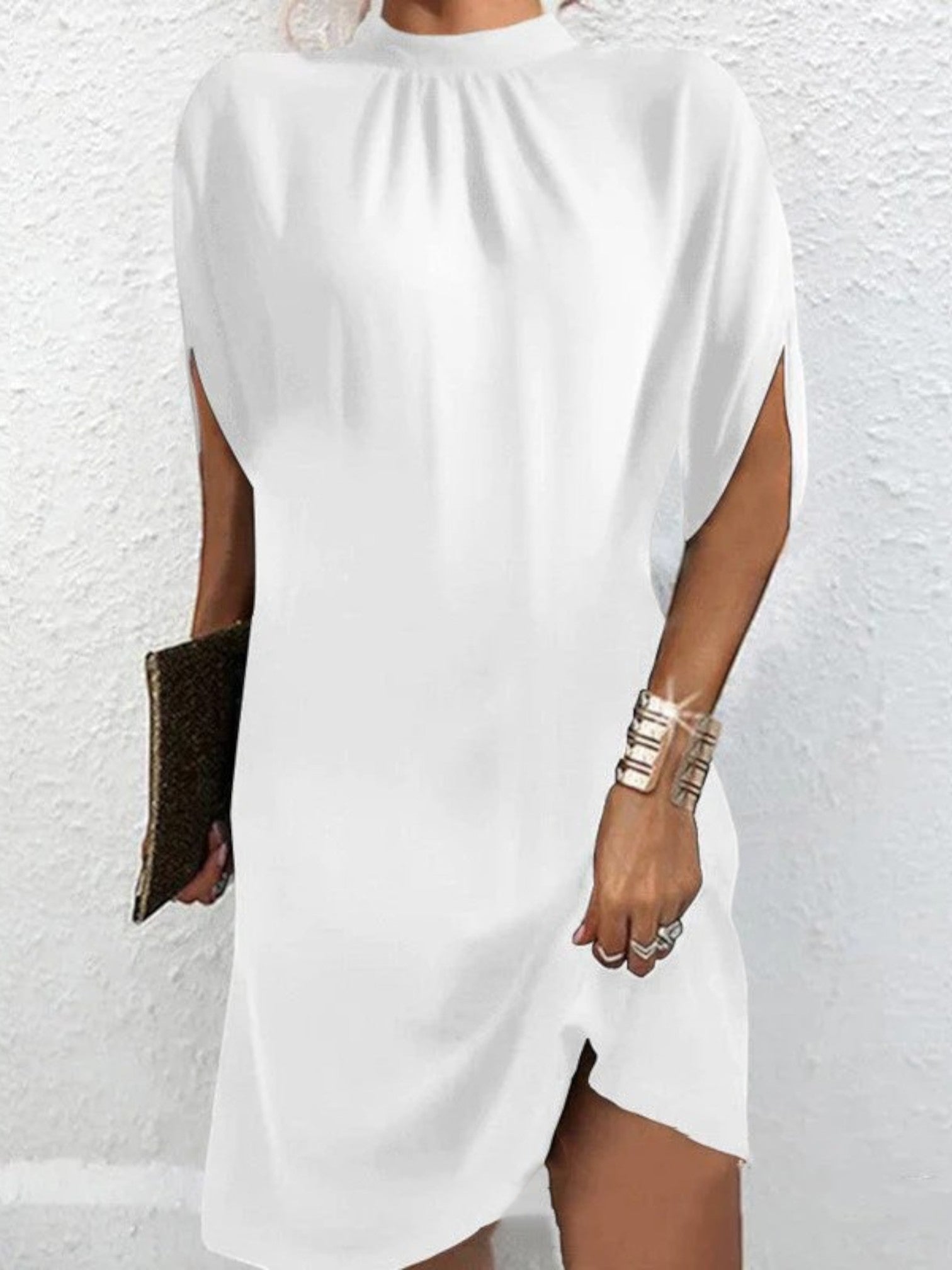 Women’s relaxed fit batwing sleeve dress, white solid, high neckline, side slit hem