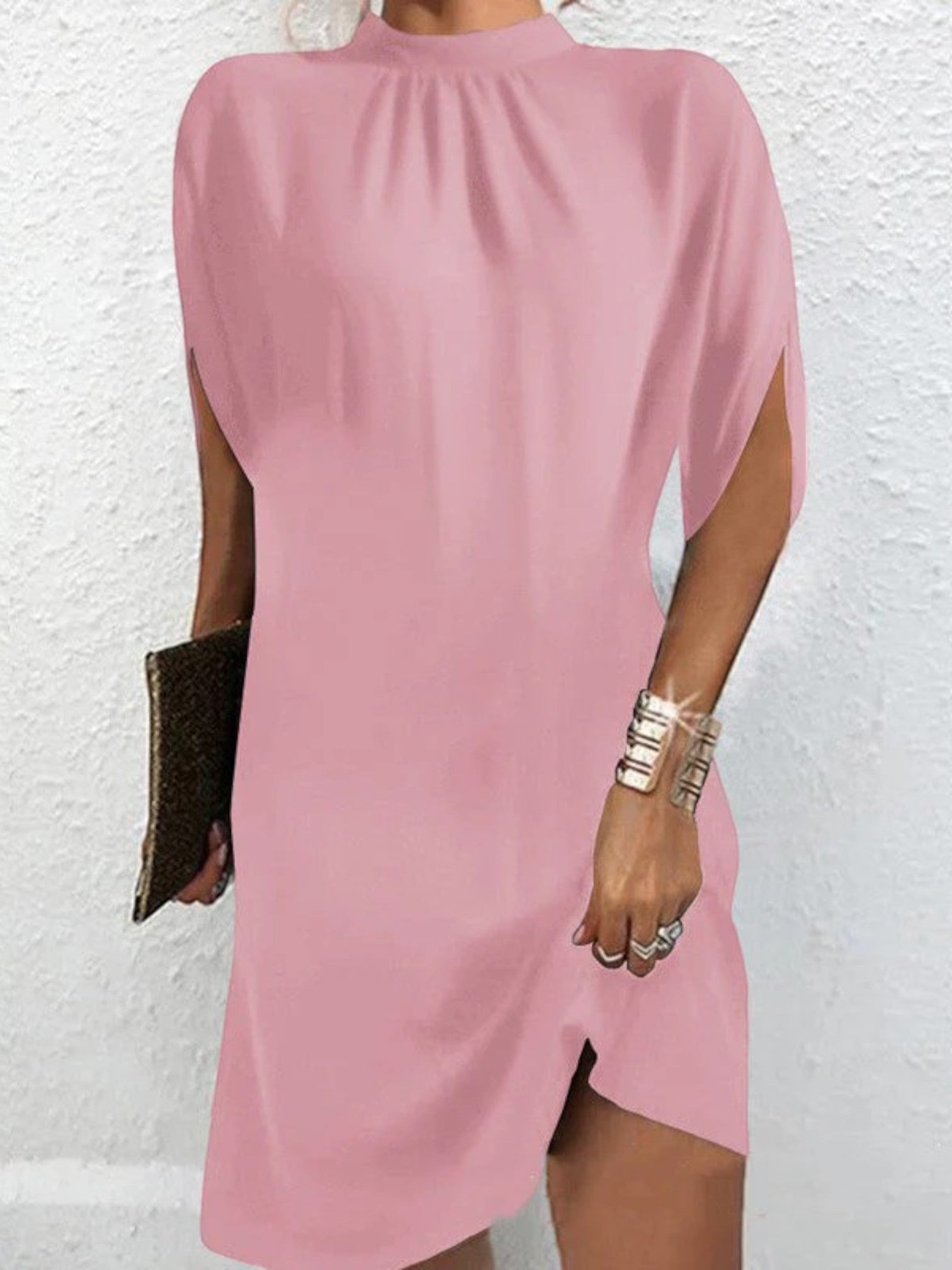 Women’s relaxed fit batwing sleeve dress, pink solid, high neckline, side slit hem