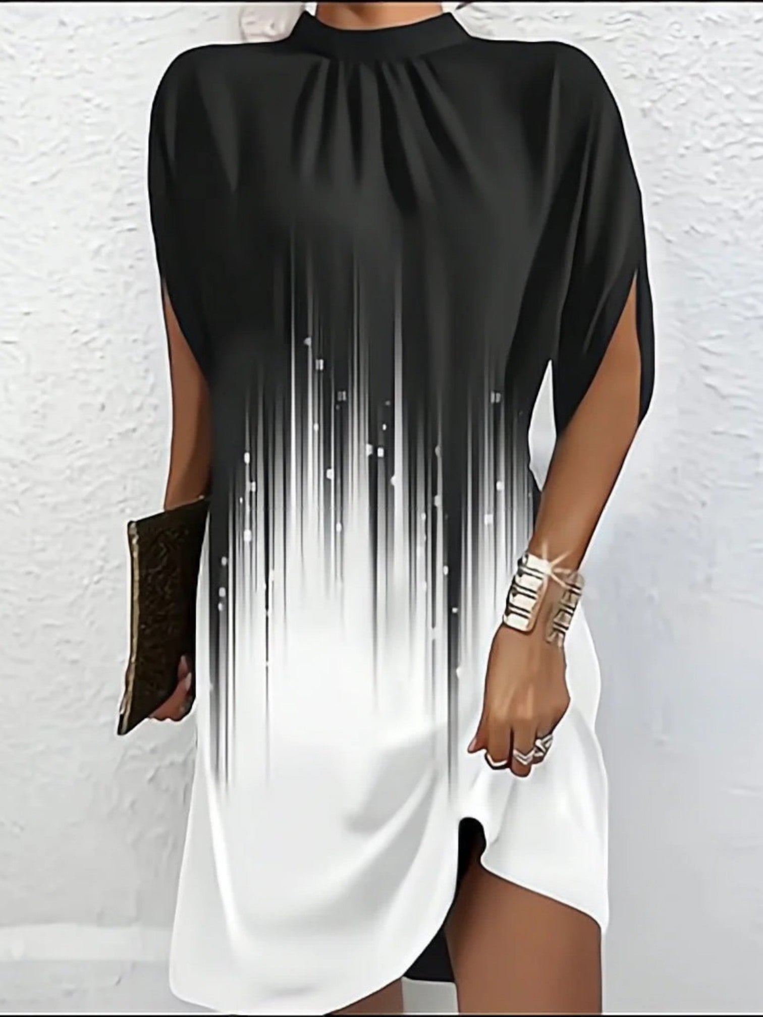 Women’s relaxed fit batwing sleeve dress, black-to-white gradient, high neckline, side slit