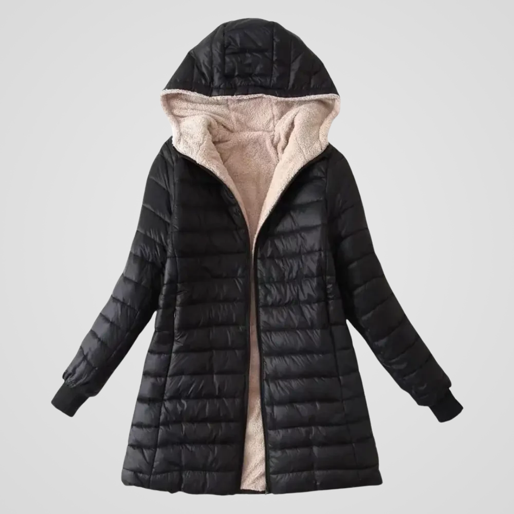 Sherpa-lined winter puffer coat, black, hood with sherpa lining, full-zip front