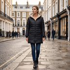 Women's black sherpa-lined winter puffer coat with full-zip front and stand collar