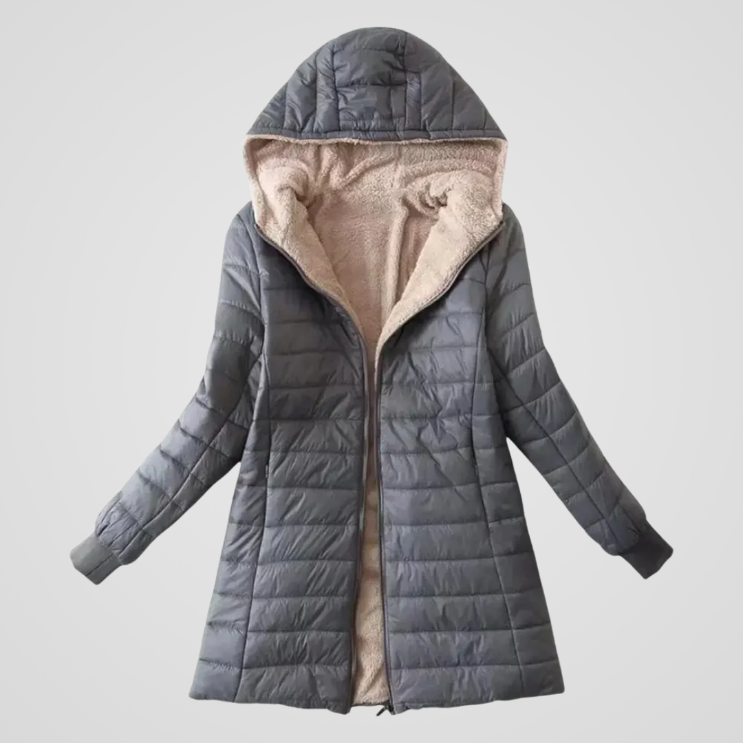Sherpa-lined winter puffer coat, gray, hood with sherpa lining, full-zip front