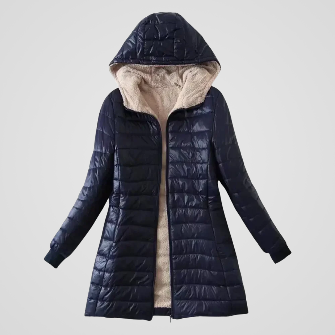 Sherpa-lined winter puffer coat, navy, hood with sherpa lining, full-zip front