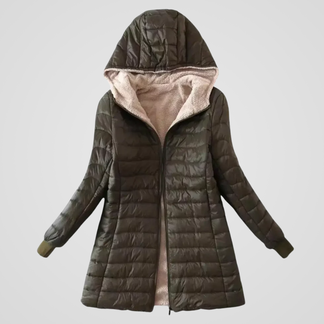 Sherpa-lined winter puffer coat, olive, hood with sherpa lining, full-zip front